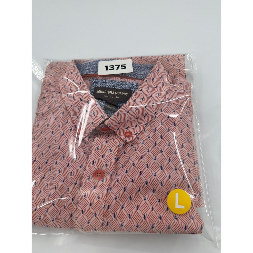 Johnston & Murphy Mens Large Red Blue Geometric Short Sleeve Button Down Shirt - Picture 7 of 7